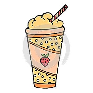 Illustration, hand-drawn cocktail in a glass with a straw, milk with fruits. Doodle.