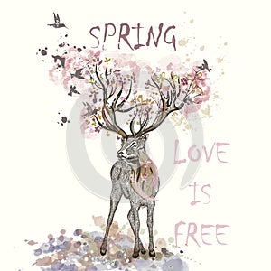 Illustration with hand drawn deer, flowers in it horns and bran