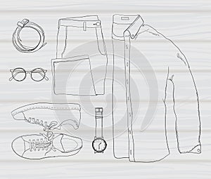 Illustration of Hand drawn and doodle of top view, flat lay coordination folded shirt with t-shirt, trousers, shoes