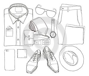 Illustration of Hand drawn and doodle of top view, flat lay coordination folded shirt, tie, trousers, shoes, spectacles