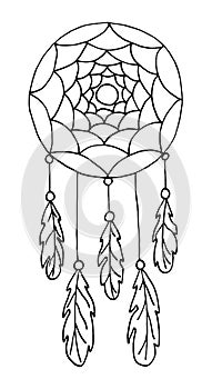 Illustration with hand drawn dream catcher with feathers and beads.