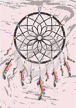 Illustration with hand drawn dream catcher. Feathers and beads. Doodle drawing