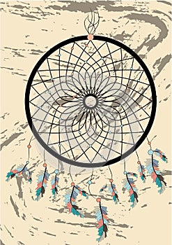 Illustration with hand drawn dream catcher. Feathers and beads. Doodle drawing