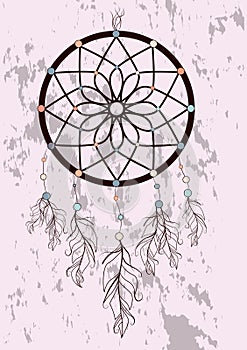 Illustration with hand drawn dream catcher. Feathers and beads. Doodle drawing