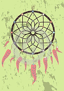 Illustration with hand drawn dream catcher. Feathers and beads. Doodle drawing