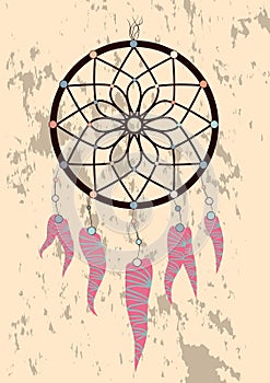 Illustration with hand drawn dream catcher. Feathers and beads. Doodle drawing