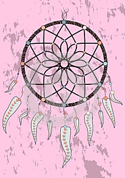 Illustration with hand drawn dream catcher. Feathers and beads. Doodle drawing