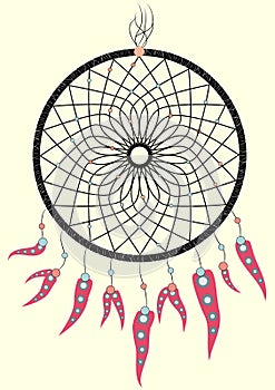 Illustration with hand drawn dream catcher. Feathers and beads. Doodle drawing
