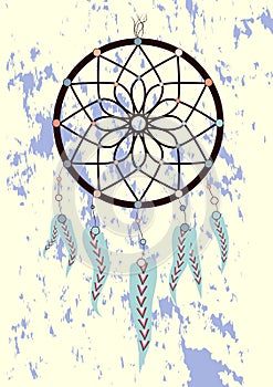 Illustration with hand drawn dream catcher. Feathers and beads. Doodle drawing