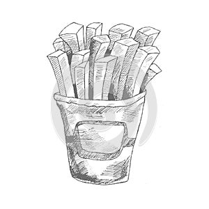 Illustration of hand drawn french fries potato. Sketched fast food.