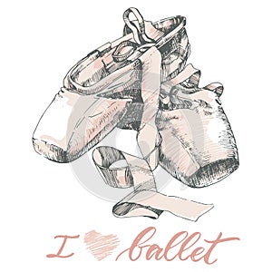 Illustration, hand drawn pair of well-worn ballet pointes shoes