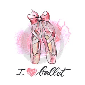 Illustration, hand drawn pair of well-worn ballet pointes shoes photo