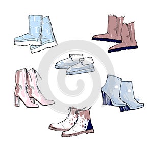 Illustration of Hand drawn set with winter women shoes. Color top view footwear for female and lady. Fashion design for