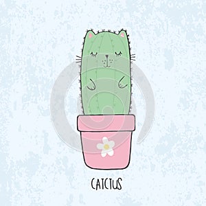 Illustration of hand drawn sketch cute kawaii cat cactus in a flowerpot with flower in anime style with lettering catctus