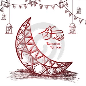 Illustration of hand drawn sketch of half moon or decorated background and calligraphy of arabic Ramadan Kareem with red shine