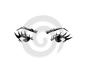 Illustration of hand-drawn woman`s eyes with shaped eyebrows and full lashes.