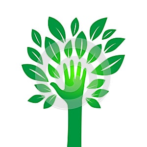 Illustration of a hand forming a tree with leaves helping nature. Dispose of, save the earth or stop the concept of global warming