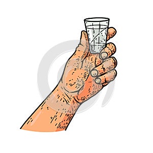 Illustration of a hand with glass of tequila. Design element for poster, card, banner, menu.