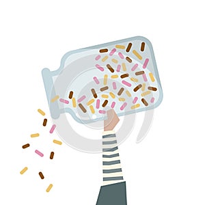 Illustration of a hand holding a bottle of rainbow sprinkle