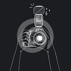 Illustration of hand holding DSLR camera