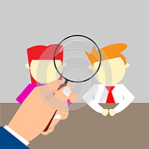 An illustration of hand holding magnifying glass searching for business worker