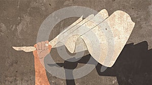 Illustration of Hand Holding White Flag of Surrender Painted on Concrete Wall with Shadow