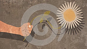 Illustration of Hand Holding a White Flower Painted on Concrete Wall with Shadow