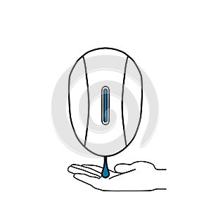 Illustration of hand hygiene with cleaning agent. Automatic dispenser, liquid soap dispenser. A soap-free hand sanitizer automatic