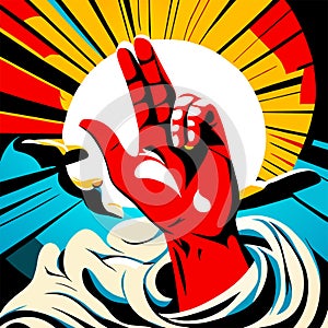 Illustration of a hand making a rock and roll gesture with a sunburst in the background AI Generated