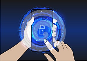 Illustration of a hand playing mobile phone with security lock on mobilephone screen