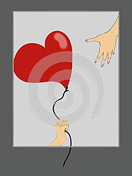 Illustration of hand reaching out for love, love heart balloon