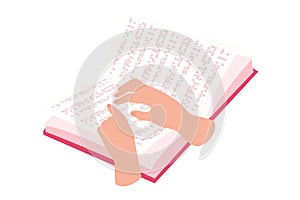 Illustration with hand reading book, braille