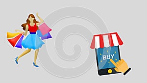 Illustration of a hand using a cellphone. Related to online shopping. Illustration of a cellphone with the text of buy and a girl