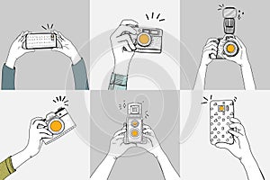 Illustration of hands clicking pictures from different gadgets