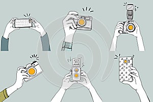 Illustration of hands clicking pictures with digital devices