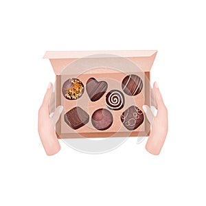 Illustration of hands holding box of chocolate candies, praline