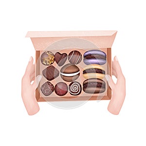 Illustration of hands holding box of chocolate candies, praline and macarons