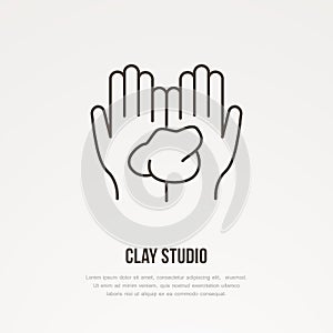 Illustration of hands holding clay. Pottery workshop, ceramics classes line icon. Clay studio sign. Hand building