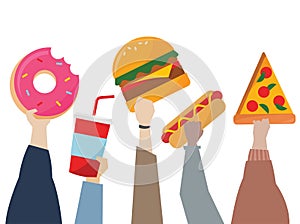 Illustration of hands holding junk food