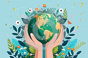 Illustration of hands holding planet earth globe with flowers and leaves in background