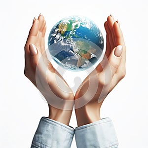 Illustration of hands holding planet earth in a sign of protection. World Earth Day. AI generated