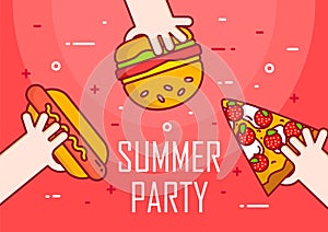 Illustration with hands, hot dog, burger and pizza on red background. Thin line flat design card. Vector banner for summer party