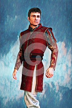 Illustration of a handsome medieval fantasy style man wearing royal or noble tabard stye clothing