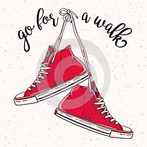 Illustration with a hanging pair of vintage red sneakers