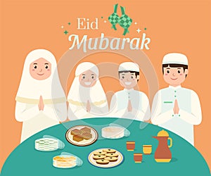 Illustration of happiness family celebrating Eid Mubarak with food and beverages vector stock