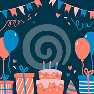Illustration of happy birthday postcard with free space for text lettering on dark background