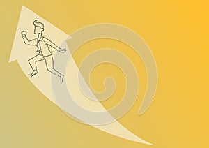 Illustration Of Happy Businessman Excited Running Up With Big Arrow Got His Promotion. Employee Drawing Cheerfully