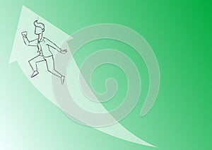 Illustration Of Happy Businessman Excited Running Up With Big Arrow Got His Promotion. Employee Drawing Cheerfully