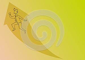 Illustration Of Happy Businessman Excited Running Up With Big Arrow Got His Promotion. Employee Drawing Cheerfully