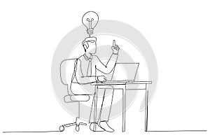 Illustration of happy businessman working at his desk and creating a lot of idea bulbs. Single line art style